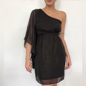 💫 Sheer One Shoulder Flutter Sleeve Cinched Waist Cocktail Dress